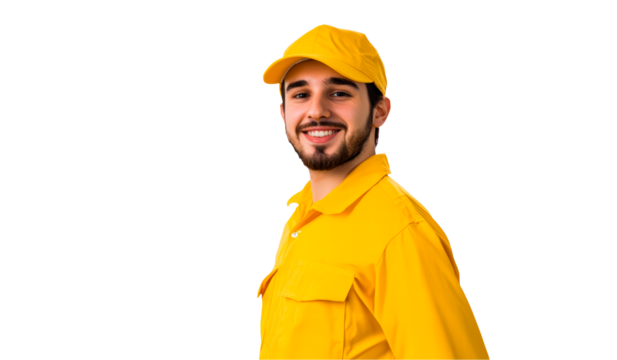 Smiling worker wearing yellow uniform and cap isolated on transparent background