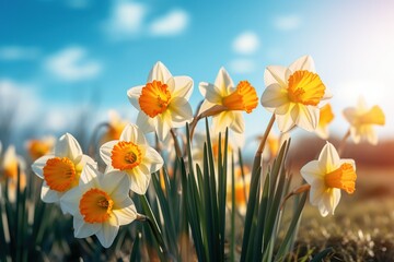 Fototapeta premium Cinematic spring meadow with golden daffodils and delicate white blooms under clear blue sky. Volumetric lighting enhances soft bokeh and sharp focus, perfect for book covers, wallpaper designs, or na