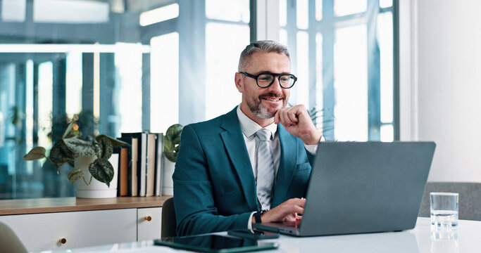 Happy, laptop and business man for finance analysis, budget review and company investment. Corporate, professional office and person on computer for research, audit report and financial planning