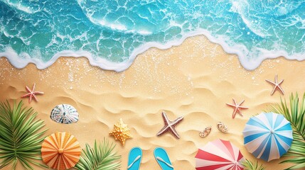 Fototapeta premium Tropical Beach Scene with Sand, Sea, and Palm Trees from Above