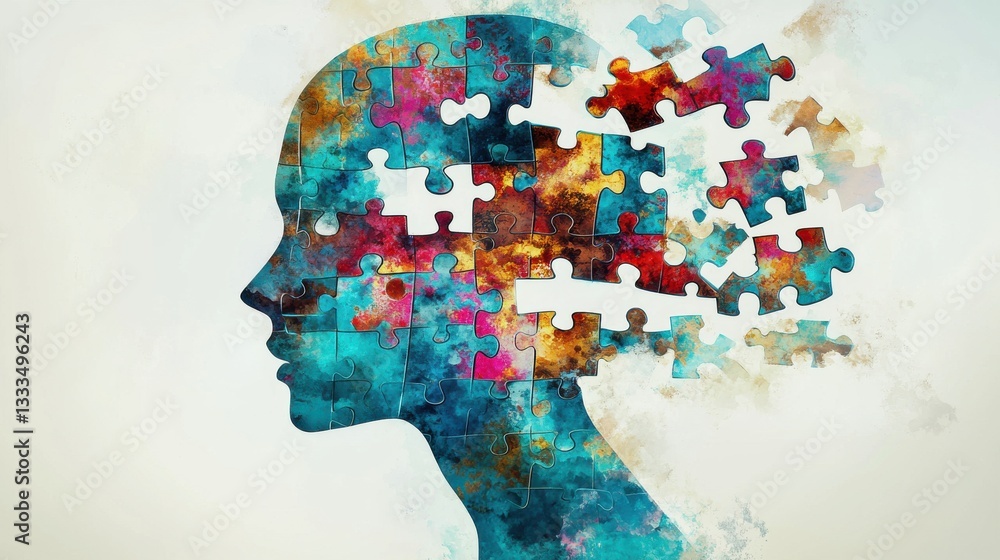 Poster vibrant digital depicting a conceptual representation of the human mind as a colorful jigsaw puzzle 