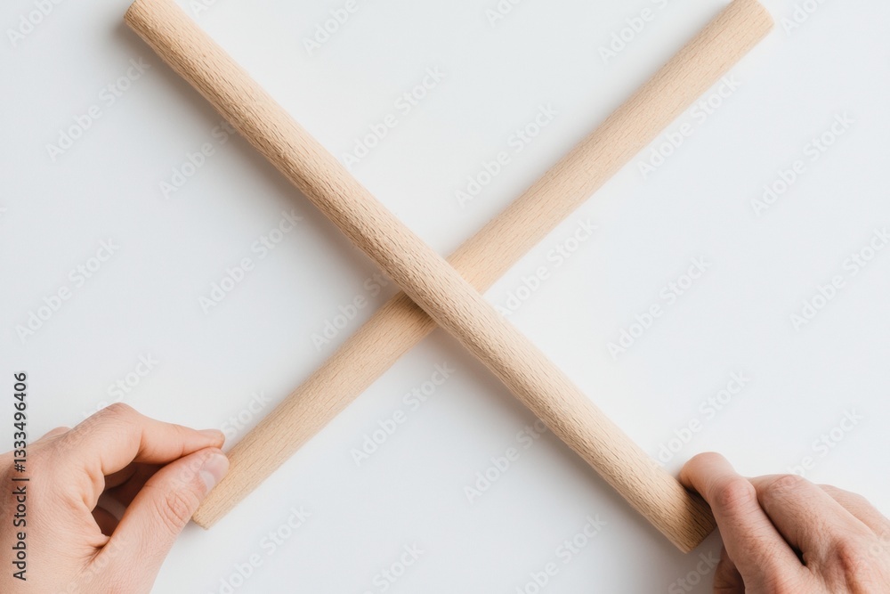 Poster Minimalist Strategic Alignment Hands Positioning Wooden Elements in Precision-Driven Collaboration, Visualizing Interconnected Business Innovation