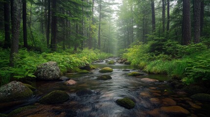 Obraz premium Serene Forest Stream Flows Through Lush Green Canopy