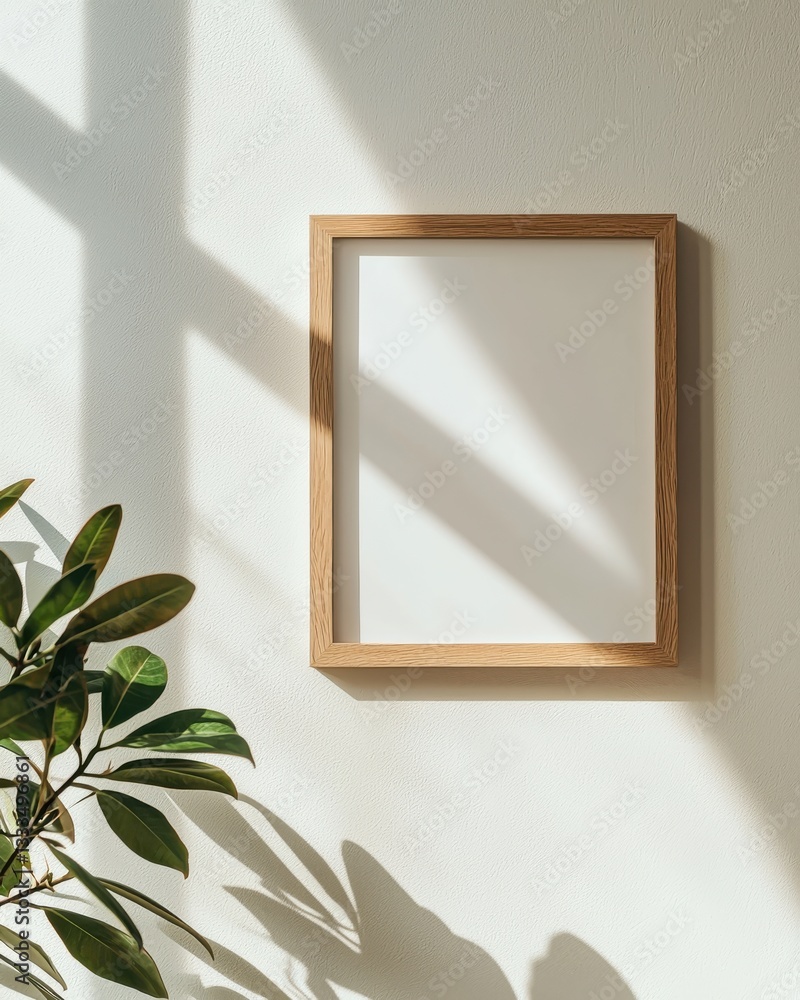 Poster minimalistic frame with empty space for art display and natural plants in sunlit environment