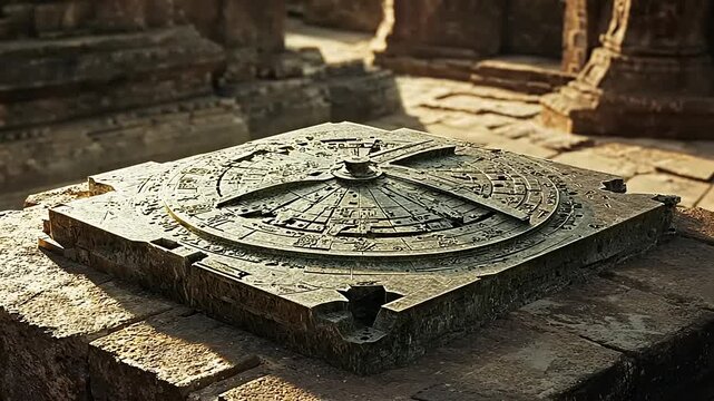 A weathered, engraved stone astronomical instrument with complex circular design, outdoors in sunlight.