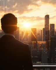 Businessman Contemplating City Skyline During Sunset with Warm Light and Urban Atmosphere