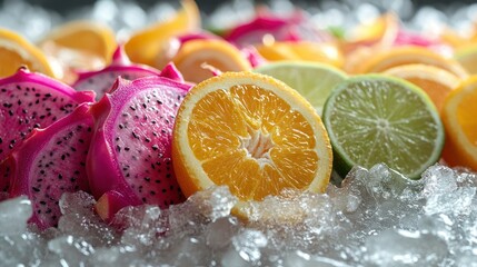 Freshly sliced tropical fruits on ice