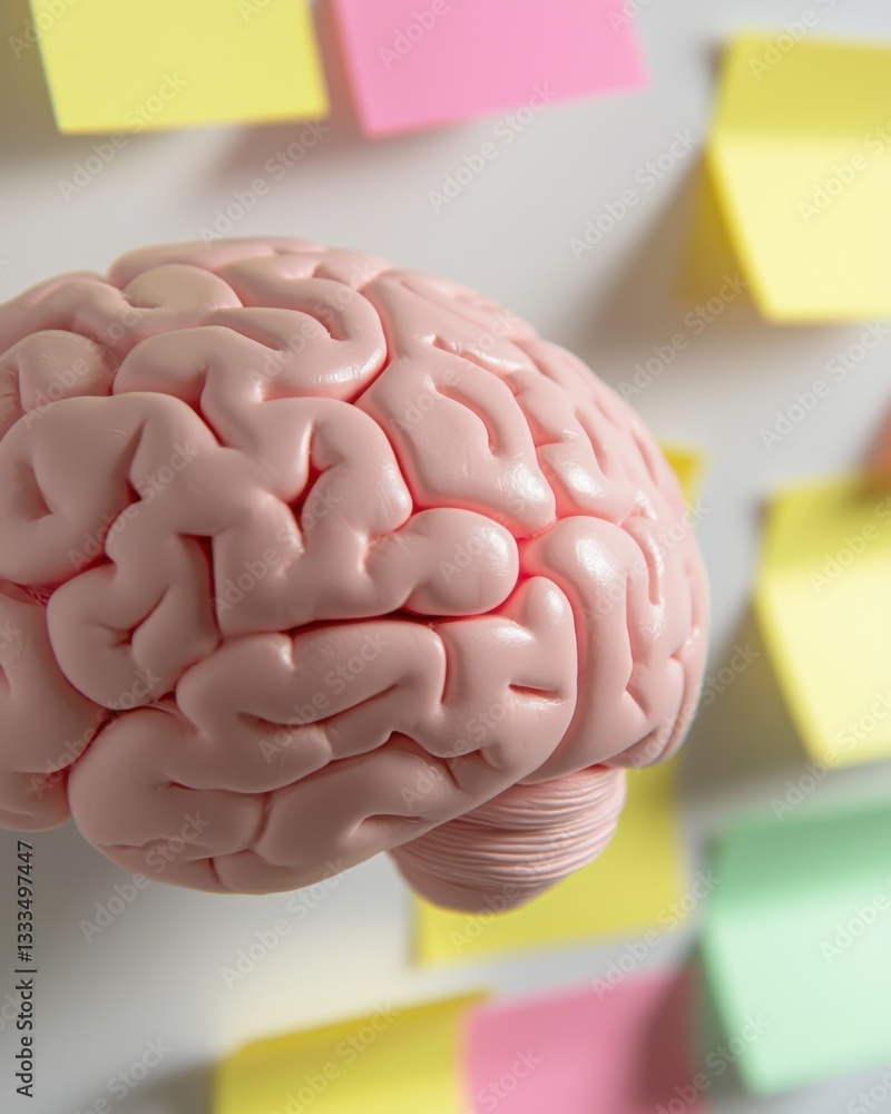 Poster creative brainstorming process with brain model and colorful sticky notes on a white surface