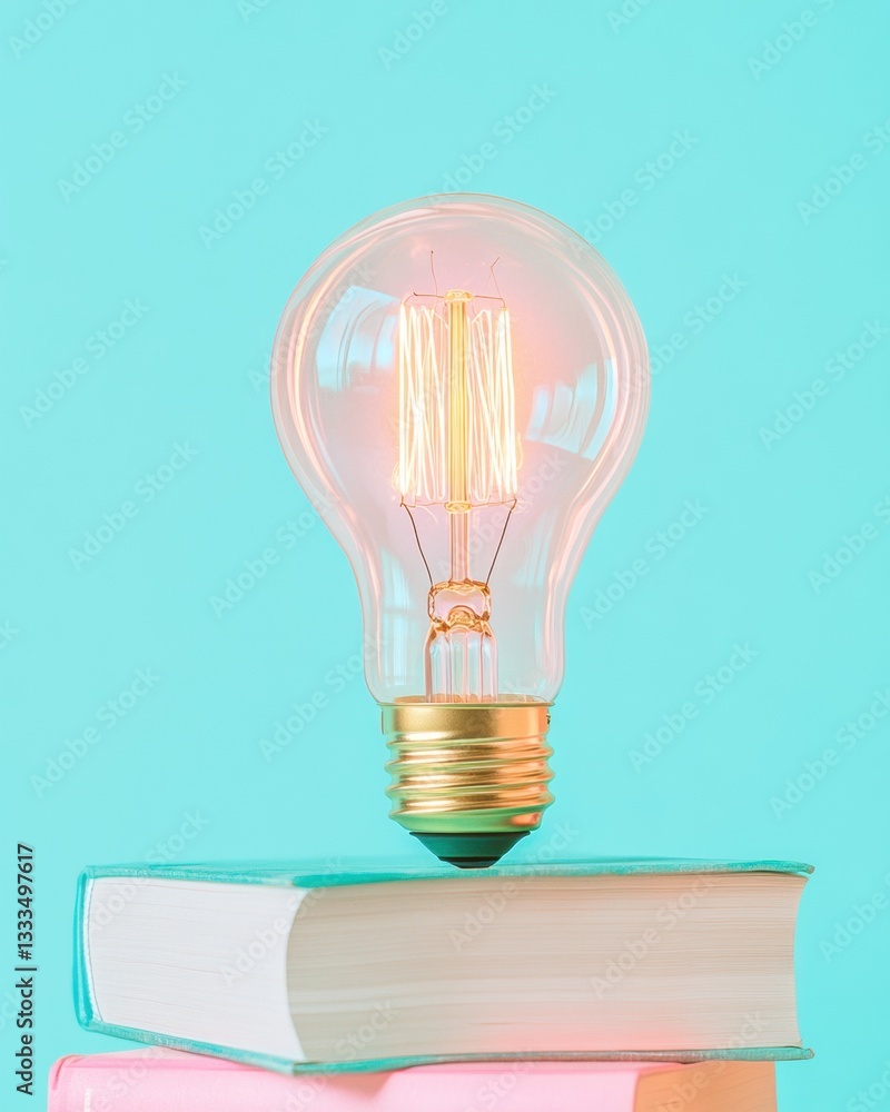 Aufkleber illuminating edtech minimalist knowledge visualization with vintage filament bulb on pastel books - 