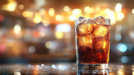 Glass of cola with ice cubes on a bar counter