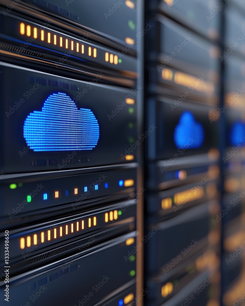 Aufkleber cloud storage technology with modern server racks featuring data center with bright led indicators
