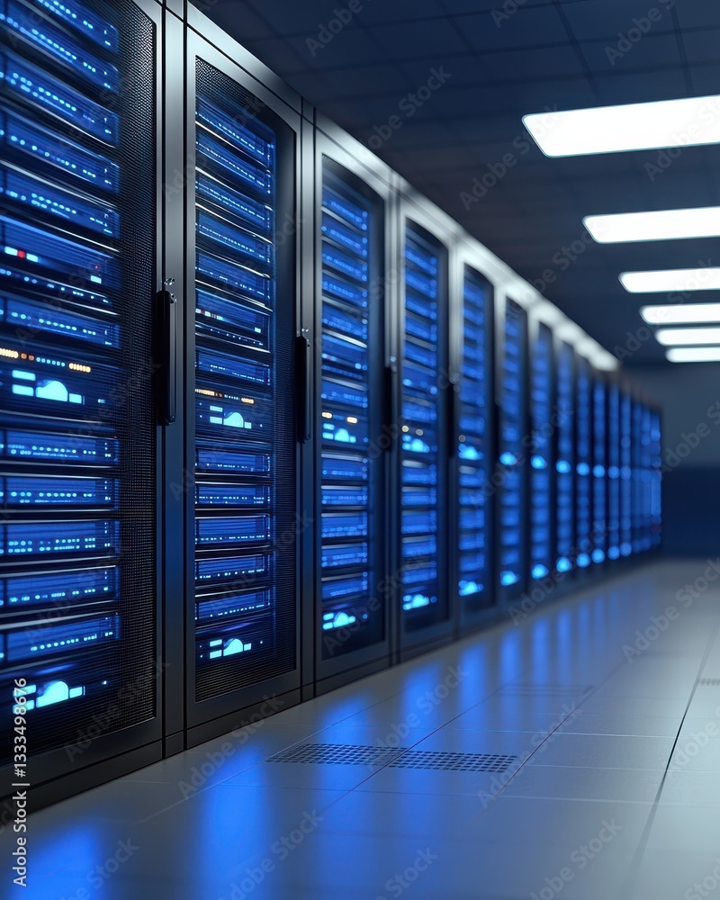 Poster modern data center with rows of server racks illuminated by blue led lights