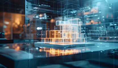 Abstract Futuristic Technology Structure with Glowing Lines and Data Visualizations