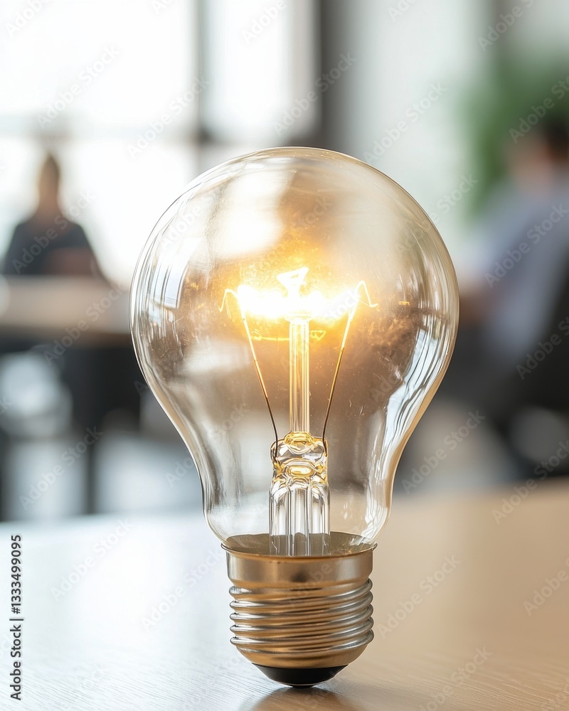 Poster bright light bulb ignited in a modern office setting with a soft focus background