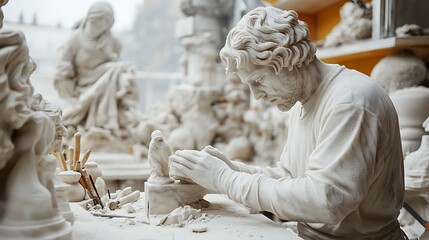 Sculptor creating a bird statue art studio photography indoor close-up
