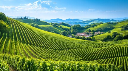 Naklejka premium Rolling Green Hills Vineyard Landscape With Village