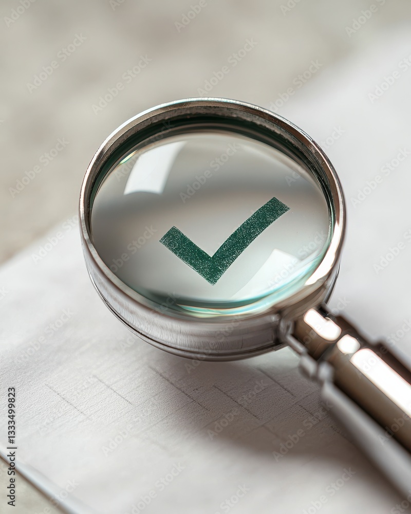 Poster magnifying glass enlarge check mark symbol on paper surface for validation concept