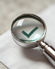 Magnifying Glass Enlarge Check Mark Symbol on Paper Surface for Validation Concept