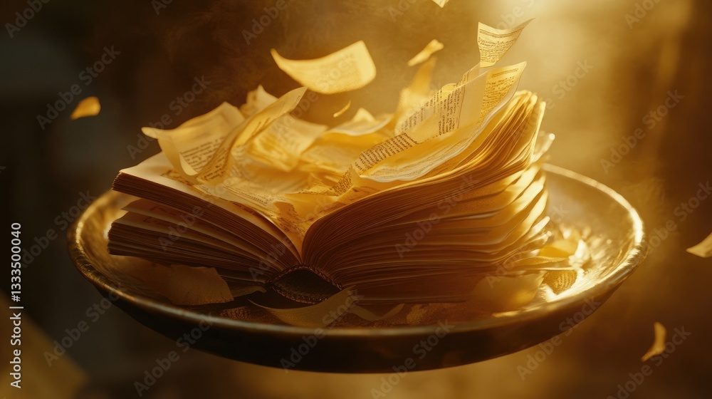 Poster an open book with floating pages surrounded by a dreamy golden light in a whimsical setting