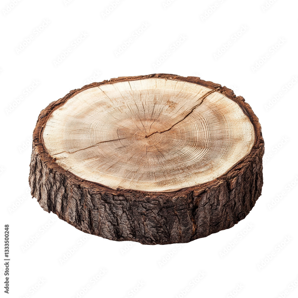 Poster tree stump slice isolated on transparent background showcasing natural wood texture and grain patter