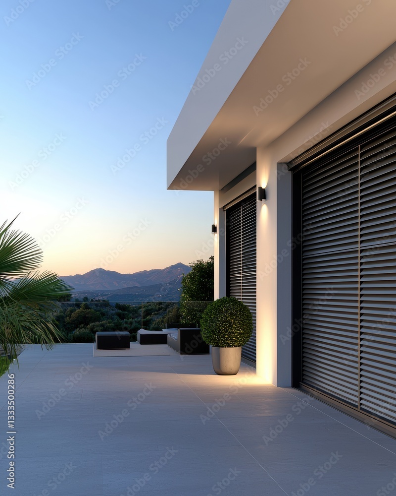 Poster modern patio with inviting sunset view and sleek architectural design elements