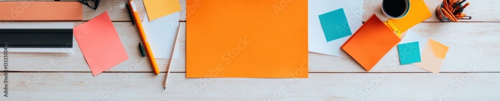 Poster Agile Workspace Design Vibrant Minimalist Desk Setup with Color-Coded Productivity Tools, Collaborative Innovation for Digital Entrepreneurs