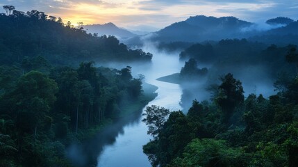 Serene River Flows Through Misty Tropical Rainforest Mountains