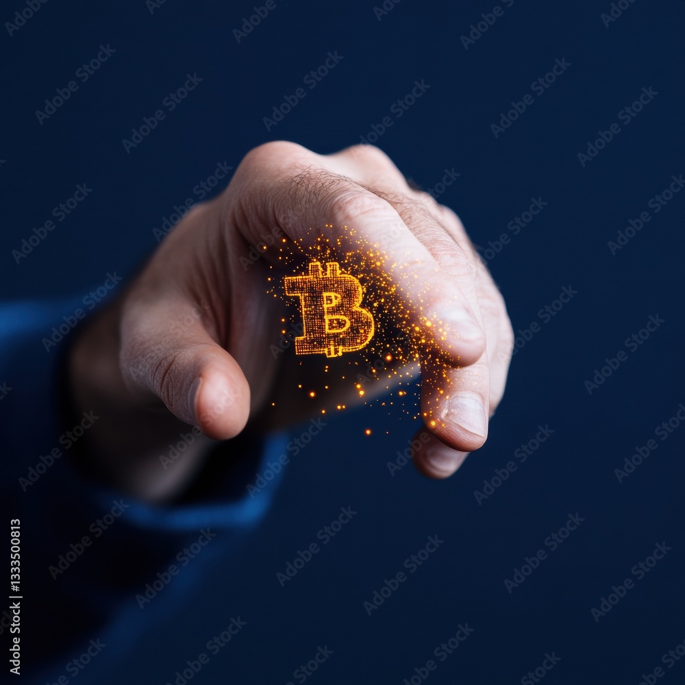 Aufkleber Futuristic Crypto Interaction Holographic Bitcoin Emblem with Dynamic Particle Visualization - Next-Gen Digital Finance Empowerment and Technological Innovation