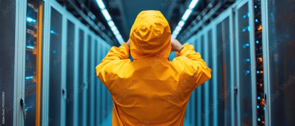 Aufkleber Quantum Cybersecurity Visualized Next-Gen Data Center Expert in Vibrant Yellow Navigating Digital Infrastructure with AI-Powered Network Resilience
