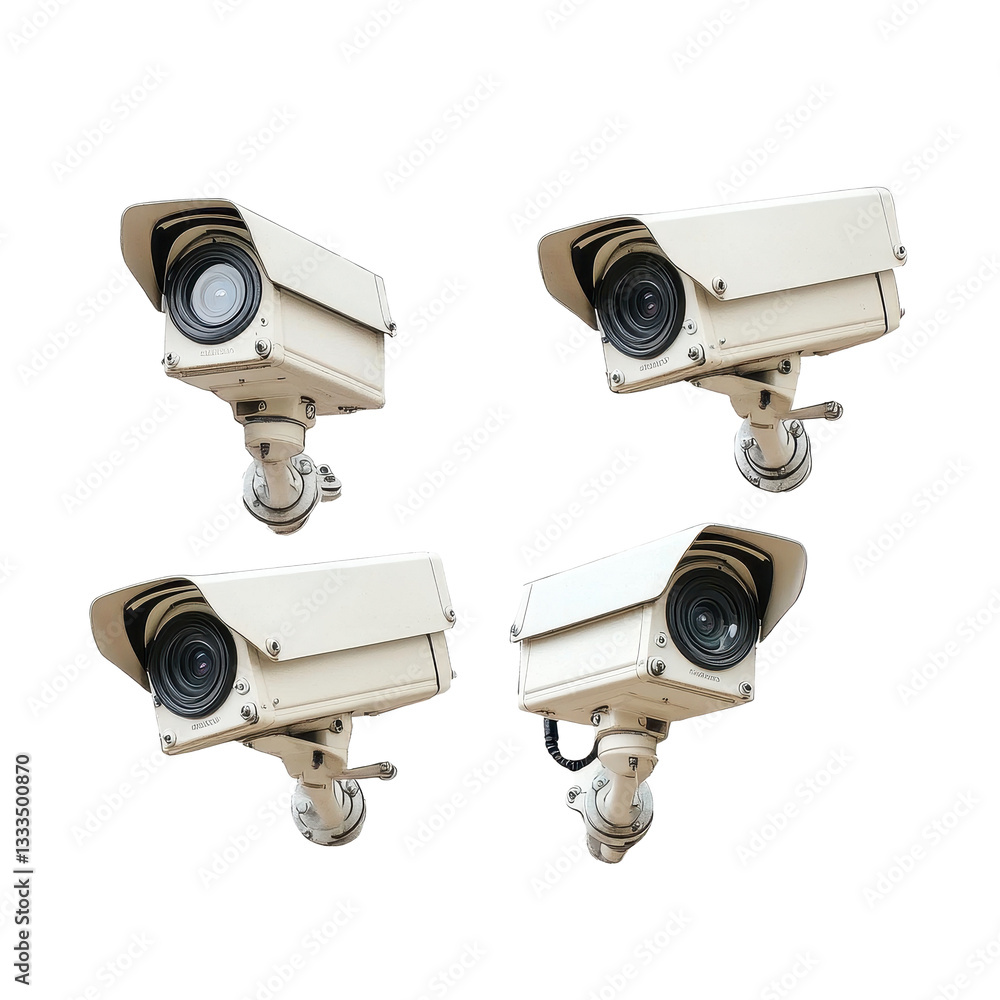 Poster cctv cameras arranged in a grid pattern isolated on a white background for security monitoring purpo