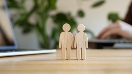 Minimalist Digital Nomad Workspace Wooden Figurines Symbolizing Collaborative Remote Work Harmony in Modern Freelance Ecosystem