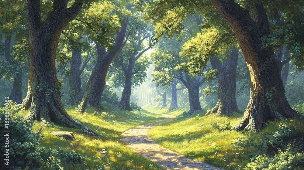 Poster Sunlit Pathway Through Towering Trees in Dappled Light