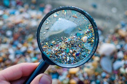 Microplastic Pollution Magnified: Close-up of Beach Sand and Debris Through a Magnifying Glass - Environmental Awareness