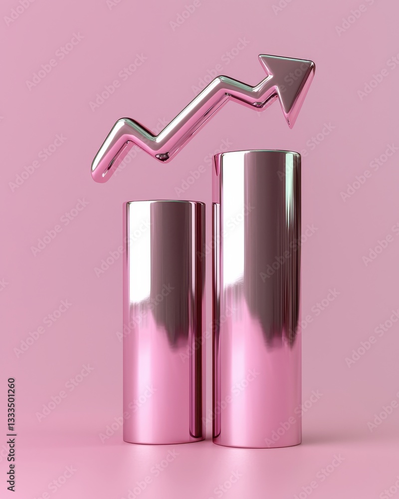 Poster metallic graph elements with upward arrow on pink background for business growth concepts