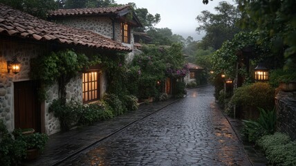 Rainy Day in a Quaint Stone Village