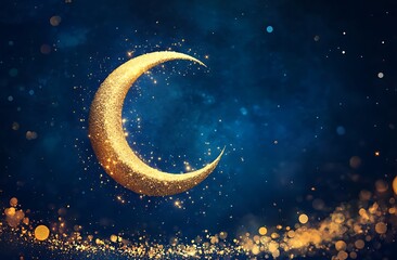 Naklejka premium Shimmering Golden Crescent Moon with Sparkling Particles Against Deep Blue Night Sky