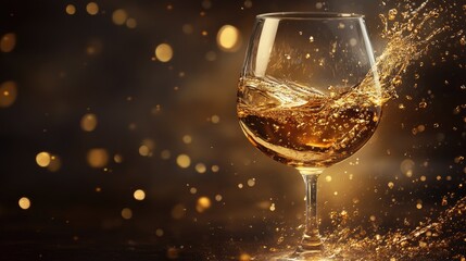 Glass of golden liquid splashing with bubbles in a blurred warm background of lights and reflections, artistic drink concept