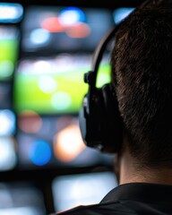 Man in Headphones Overlooks Multiple Screens in a Modern Broadcast Control Room
