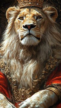 Majestic lion king on throne, royal portrait, regal, golden, powerful