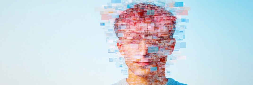 Digital Identity Disruption Pixelated Human Profile Visualizing Information Fragmentation, Gen Z Connectivity, and Sensory Media Complexity