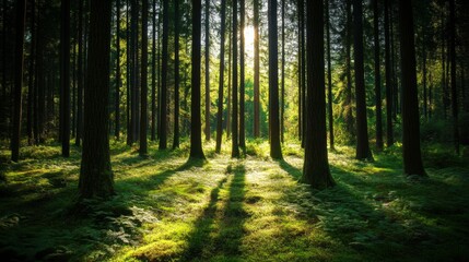Sunlight streams through a dense forest of tall trees