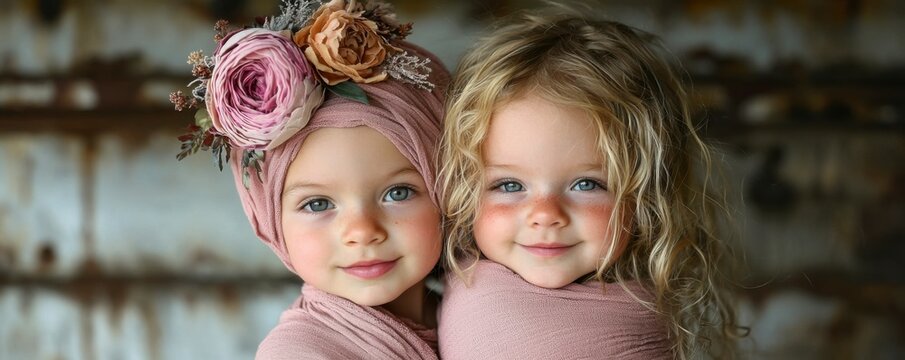 Discover the heartwarming bond between siblings in this tender image, capturing a moment of pure affection as a Sibling softly caressing babys head, a sweet and natural interaction The innocent gaze