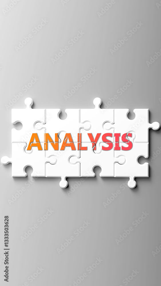 Poster analysis complex like a puzzle - pictured as word analysis on a puzzle pieces to show that analysis 