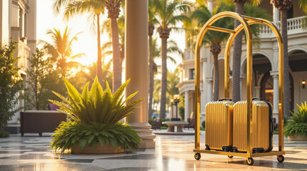 Luxury Hotel Entrance with Golden Luggage Cart and Suitcases at Sunset – Perfect for Hospitality, Travel, and Vacation Concepts