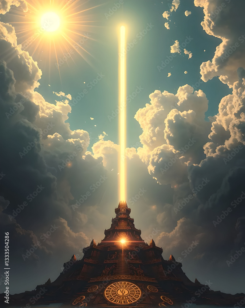 Poster Pagoda in the sky with rays of light. 3D rendering