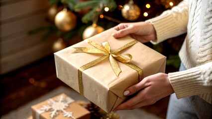 Elegant Holiday Gift Wrapped in Gold