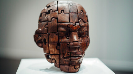 A wooden puzzle mask with intricate carvings and deep earthy tones, symbolizing the wisdom and complexity of the human mind. 