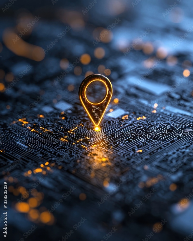 Poster golden location pin over abstract circuit board with glowing elements and dark background