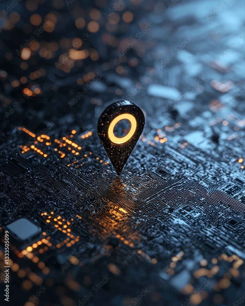 Poster 3d illustration of location pin on circuit board with glowing elements in dark setting