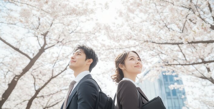 春、希望を胸に空を見つめる新社会人と満開の桜